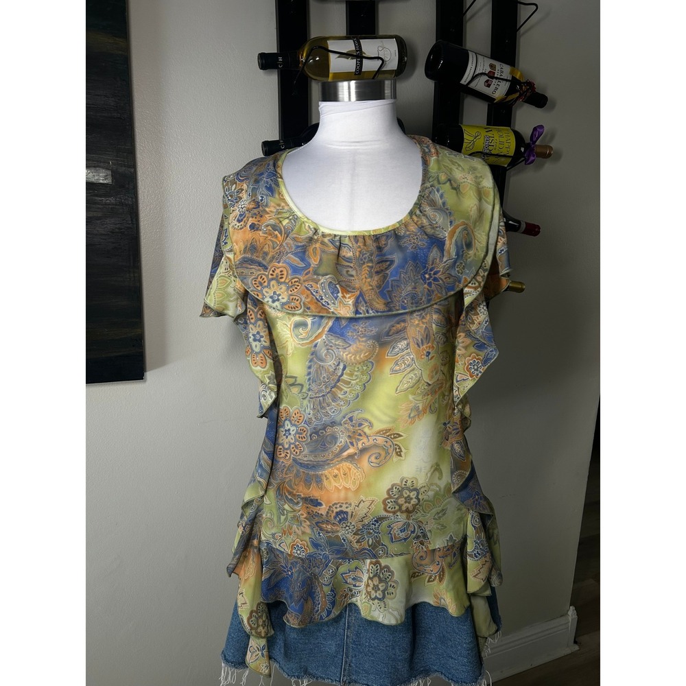 Piano Blouse Size Medium Green Paisley Ruffle Trim Top Fairycore Pastel